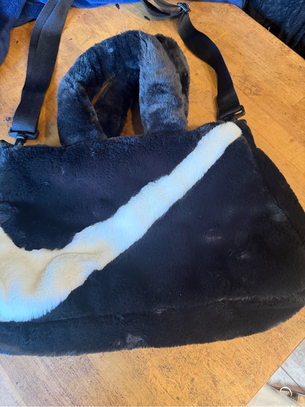 Nike Black Faux Fur Shoulder Bag with White Swoosh Accent
